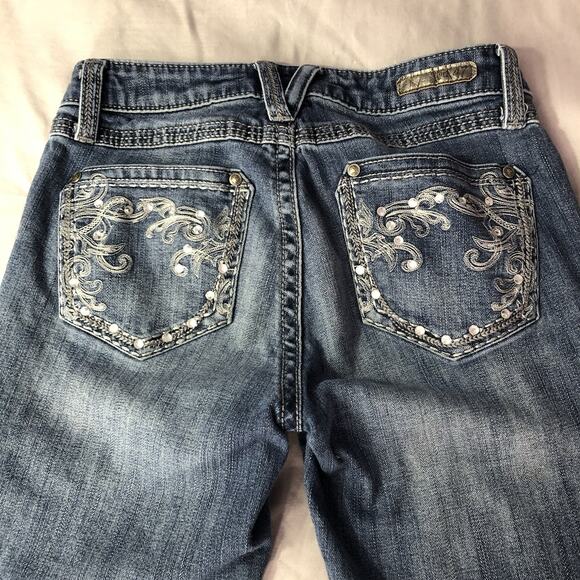 Rock 47 By Wrangler Jeans 28 x 30 Women Boot Cut Studded Pockets Low Rise Blue - Picture 2 of 14